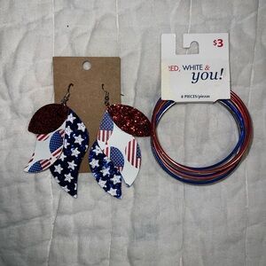 Red white blue patriotic earrings & bracelet set with leaf drop bangle USA flag